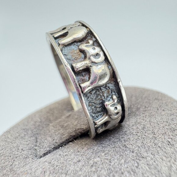 VTG Solid Sterling Silver 925 Elephant Design Cigar Band Ring Size 8 - Picture 5 of 10